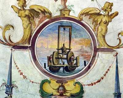 Large pontoon with a device to thrust stakes into the sea-bed, Stanza della Mattematica, 1587-1609 by Giulio Parigi